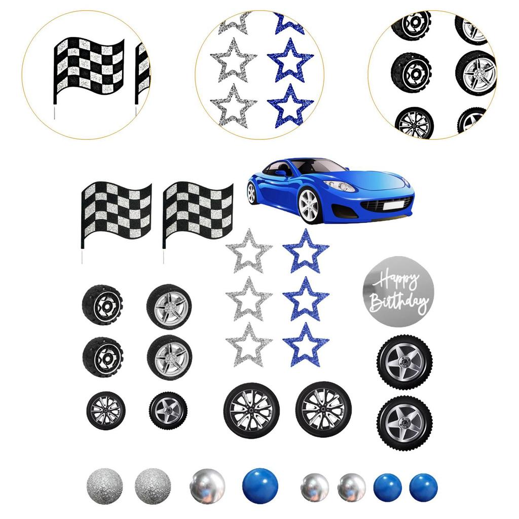 Set Topper Tort Aniversare Curse Mașină Albastră și Decor Roată cu Steaguri pentru Petrecerea Copiilor Băieți - Consumabile și Decorațiuni