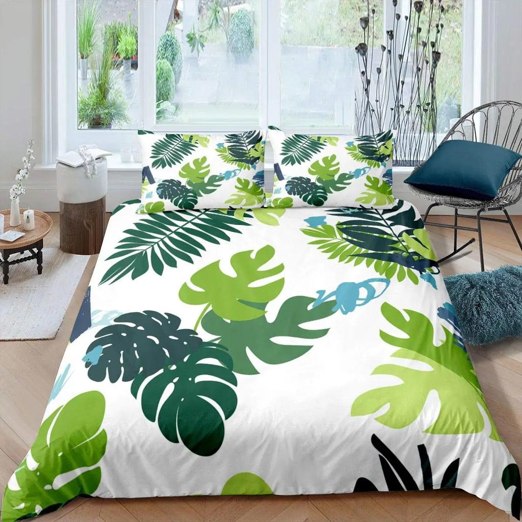 Palm Leaves Duvet Cover King Full Banana Leaves Bedding Set Hawaiian Tropical Leaves Green Branches 2/3Pcs Polyester Quilt Cover