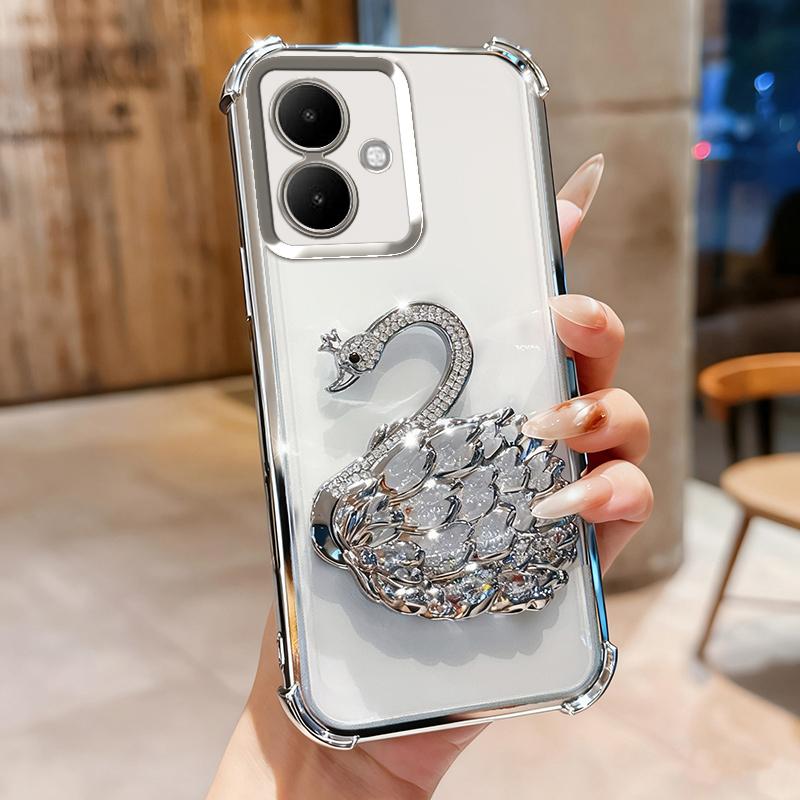 KEYSION Shockproof Plating TPU Phone Case for TECNO Spark Go 2 Pop 10 Glitter Jewelled Swan Kickstand Cover for Infinix Smart 10