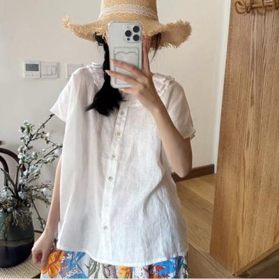 Camisas Simples Mulheres Verão Mori Vintage Casual Babados Gola Soltas Cor Sólida Manga Curta Blusas Femininas