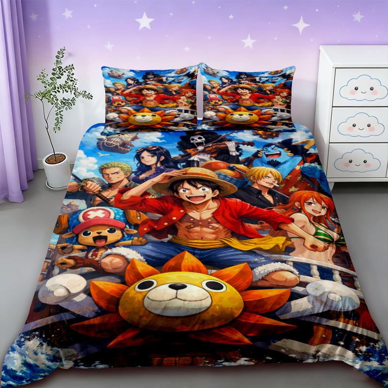 Duvet Cover One Piece Kids Cartoon Luffy Bedding Set with 2 Pillowcases Soft and Cozy Bedroom Bed Decor Teens Boys Best Gifts