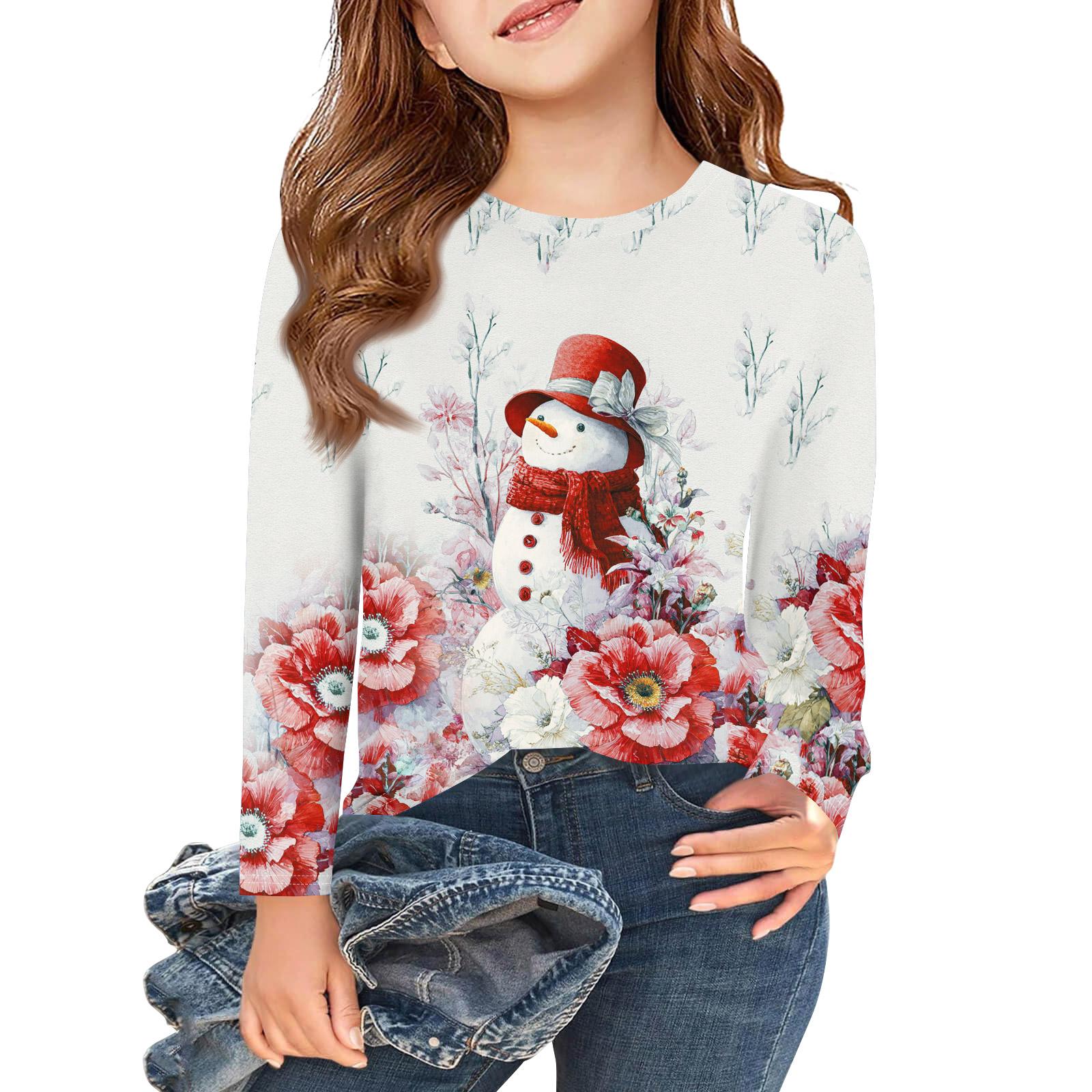 

Рождественские футболки с длинным рукавом для девочек, детские осенние топы с круглым вырезом и принтом, базовые футболки 160