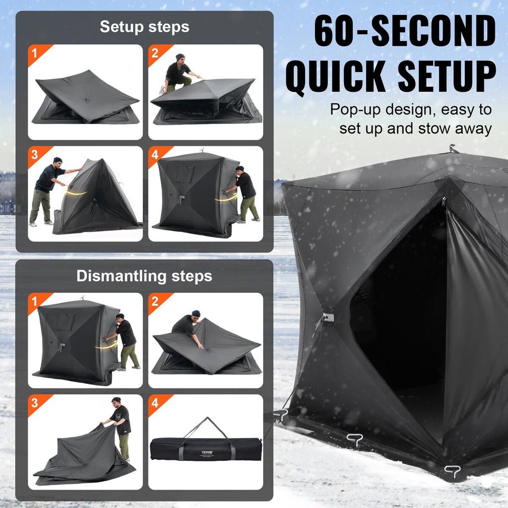 Portable Ice Shelter, 3-4 Person Pop-Up Ice Fishing Tent, 43 Square Feet Fishable Area, Ice Shanty for Winter Fishing, Waterproof Oxford Ice Cube with