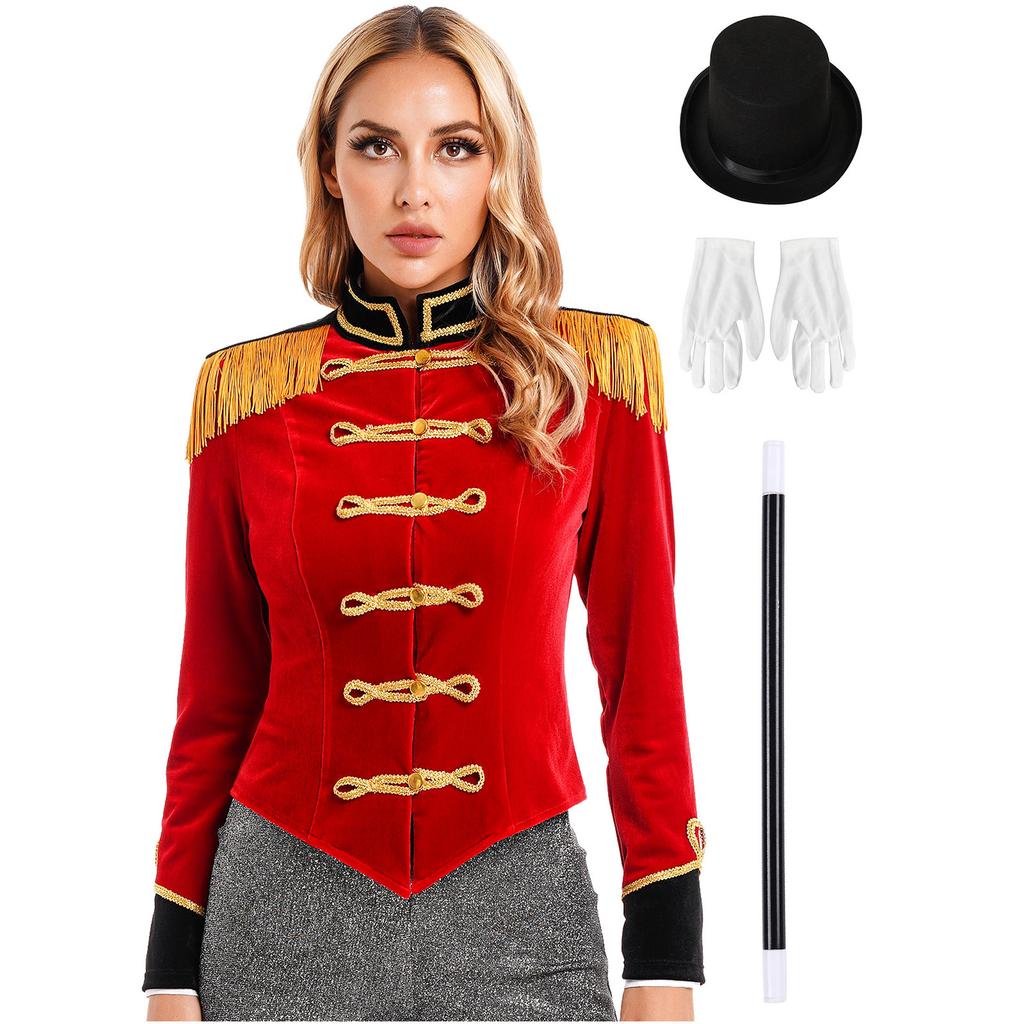 Women Ringmaster Costume Long Sleeve Jacket Stand Collar Fringe Shoulder Boards Golden Trim Hat Gloves Magic Set