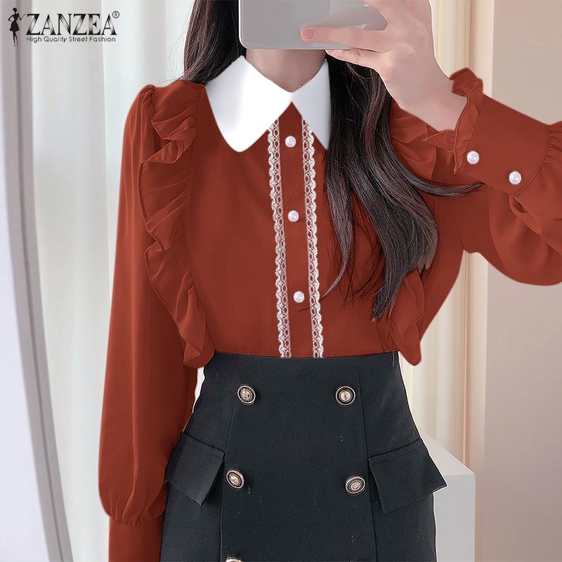 

ZANZEA женская повседневная однотонная рубашка с деревянной окантовкой на ушках и длинными рукавами и декоративными пуговицами