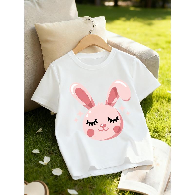 Europäische Größen Mädchen Klassisches Rundhals-Kurzarm-T-Shirt | Süßer Hasenprint, Normale Passform, Perfekt für den Sommer, Strickstoff mit leichtem Stretch
