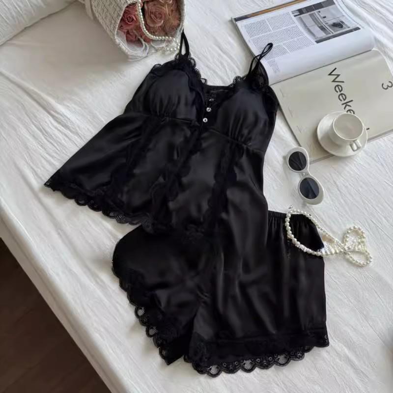2025 Sommer Damen Eisseide Spitze Camisole Pyjama Set mit Brustpolster