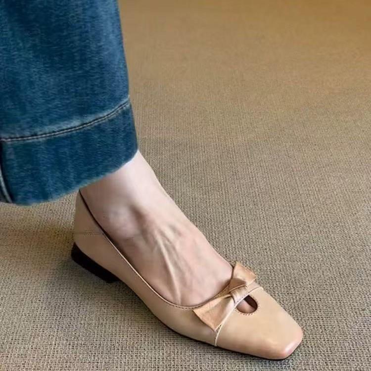 Sheepskin version~ retro apricot versatile flat-bottomed square-headed single shoes, women's one-pedal light-mouth bow ballet shoes