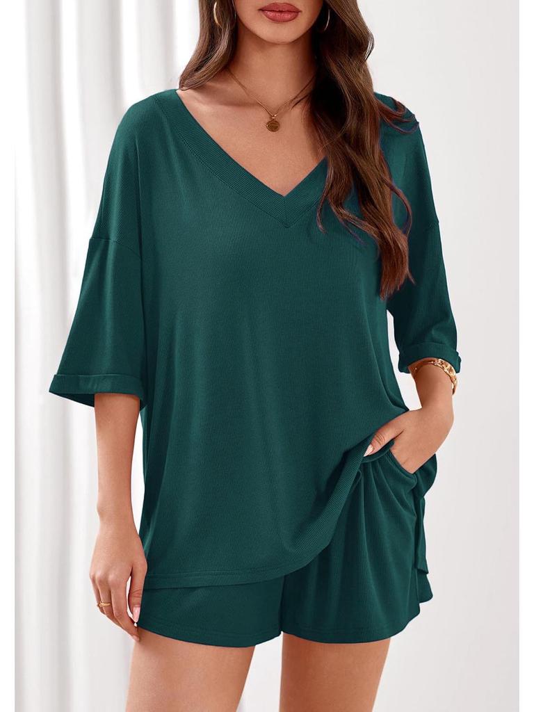 New Women's Casual Two-Piece Set: Loose V-Neck Short-Sleeved Top and Shorts