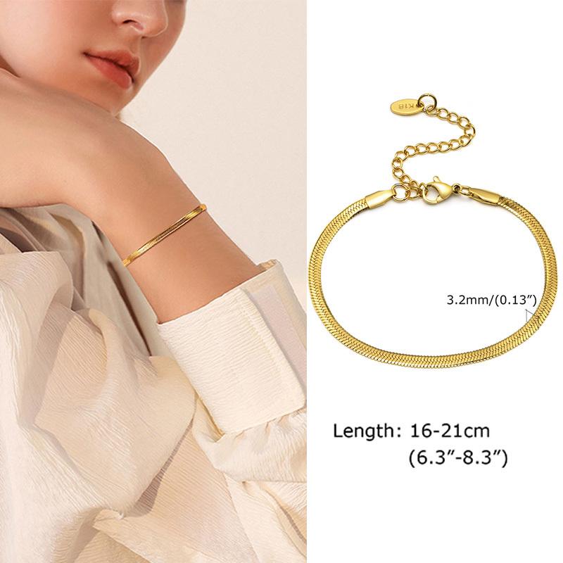 Gold Color Flat Snake Chain Bracelets for Women, Stainless Steel Herringbone Figaro Rope Italian Chain, Length Adjustable