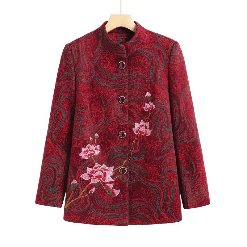 Women's Embroidered Jacket New Stand-Up Collar Top Winter Fleece Gown
