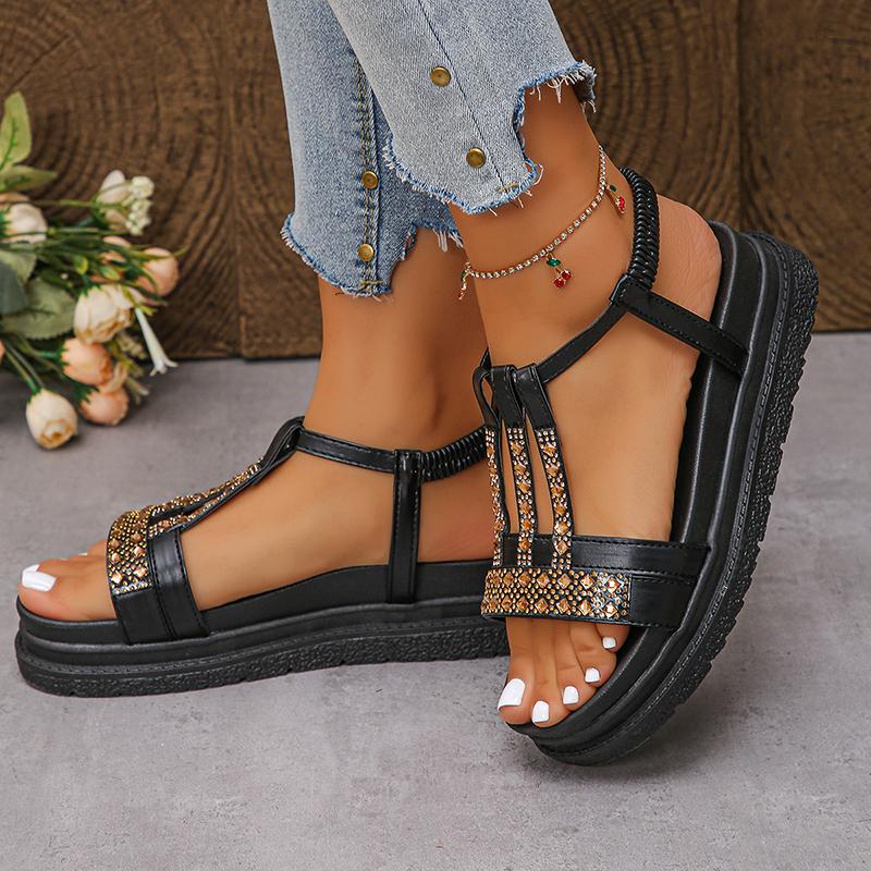 Módní sandály na platformě s kamínky pro ženy, léto 2025, silná podrážka, neklouzavé plážové boty, lesklé krystalové bohémské sandály, mujer