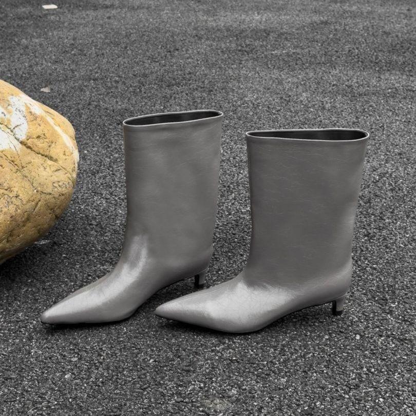 2025 Autumn and Winter New Pointed Thin Heel Gray Loose Straight Versatile Fashion Boots Sleeve Knight Boots Medium Boots Women