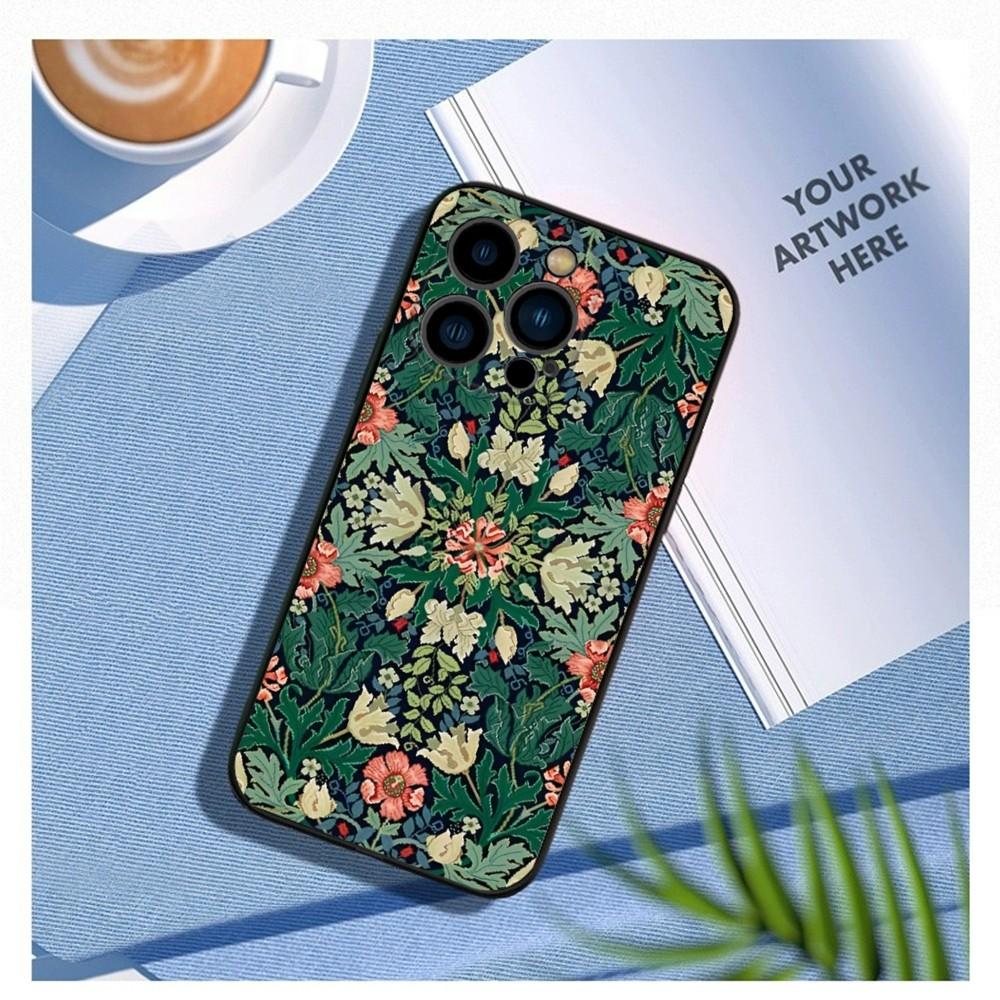 William Morris Strawberry Thief Design Phone Case For iPhone 16,15,14,13,12 Mini 11 Pro XR,XS,MAX Plus Silicone Cover Soft Black