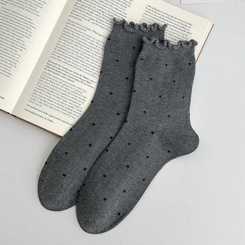 Black Fungus Polka Dot Mid-calf Socks for Women, Cotton Socks for Autumn and Winter, Boneless Pile Socks for Trendy Ladies