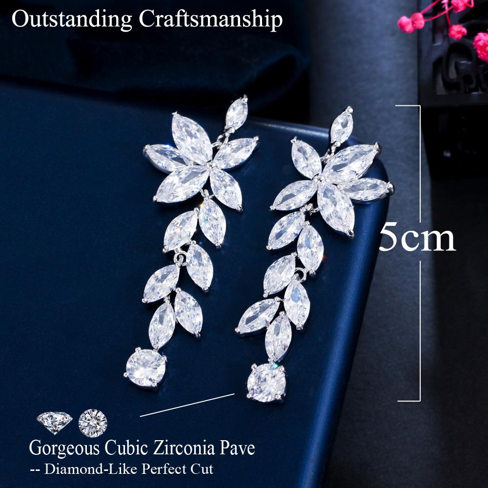 Ircons Glittering Flower Leaf Shaped Long Dangle Wedding Bridal CZ Earrings Silver Plated Elegant Pageant Jewelry CZ210
