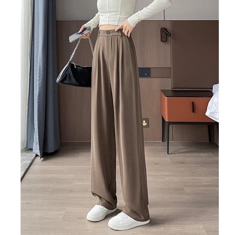 

2024 Осень и зима Широкие брюки для женщин с высокой талией Офисные женские длинные брюки для костюма Повседневные свободные однотонные прямые брюки больших размеров 2692 2XL кофейный