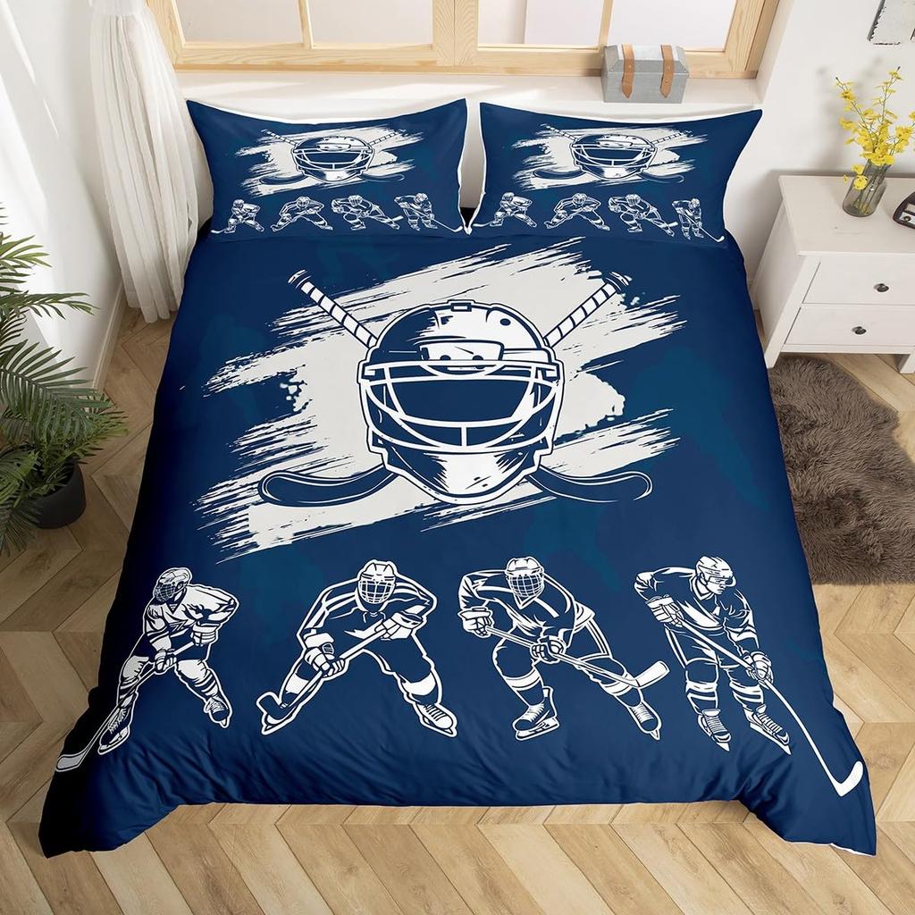 Ice Hockey Duvet Cover Twin Queen Hockey Sport Player Bedding Set Winter Extreme Sport Game Comforter Cover for Boys Teens Adult