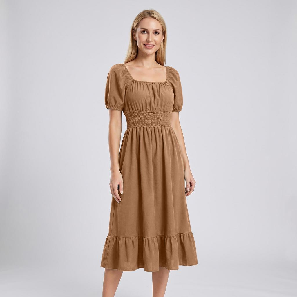 Women Casual Square Neck Short Sleeve Dress Waist Smocked A Line Midi Dress with Ruffle Hem for Everyday Wear