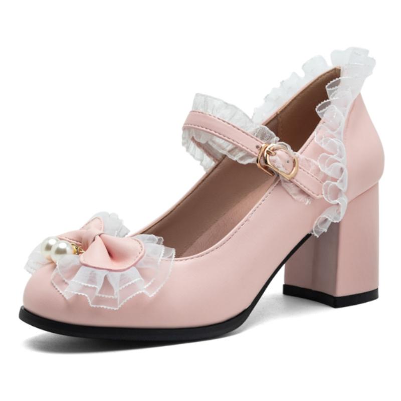 Women's Block Heels Mary Janes Lolitas Shoes 2025 Sweet Pink Black White Heeled Party Wedding Dance Shoes Female Large Size 45