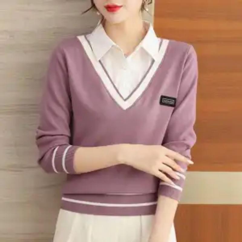 Fake Two-piece Knitted Women's Lapel Long Sleeve Autumn New Style Base Top  Shirt Collar Splicing Sweater