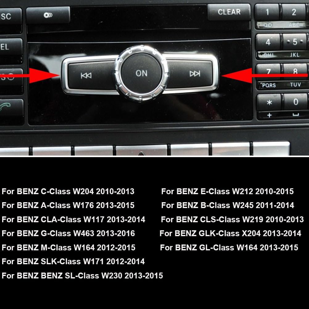 Black Car Radio Volume Forward Backward ON Buttons Cover Stickers Trim Compatible with Mercedes Benz A CLAS W176 B Class W246/C Class W204/ E Class