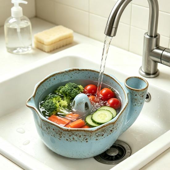 Multifunctional Kitchen Basin Ceramic Berry Bowl with Strainer Holes, Self-Spinning Vortex Design, Fruit Washing Rinse for Berries Vegetables Colander
