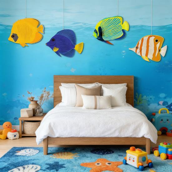 4 Stück Holzfisch Nautische Wanddekoration Rustikale Holz-Meeresfisch-Wandkunst Ozean Küsten-Thema Hängende Dekoration für Seehaus Schlafzimmer Badezimmer