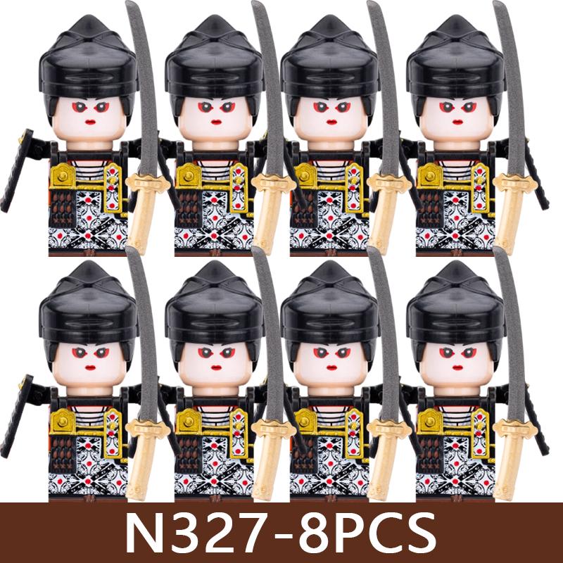 8 Pezzi Figure di Soldati Samurai Giapponesi Blocchi da Costruzione Castello Militare Guerriero Spada Casco Bandiera Accessori Mattoncini Giocattolo Regali