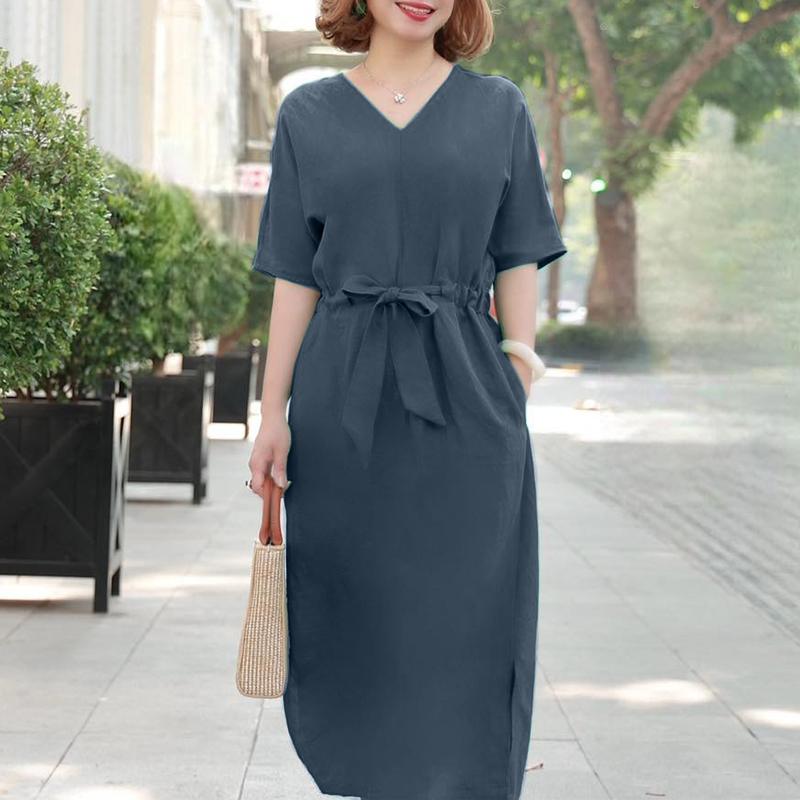 ZANZEA Womens Casual V-neck Solid Color Loose Half Sleeve Long Dress