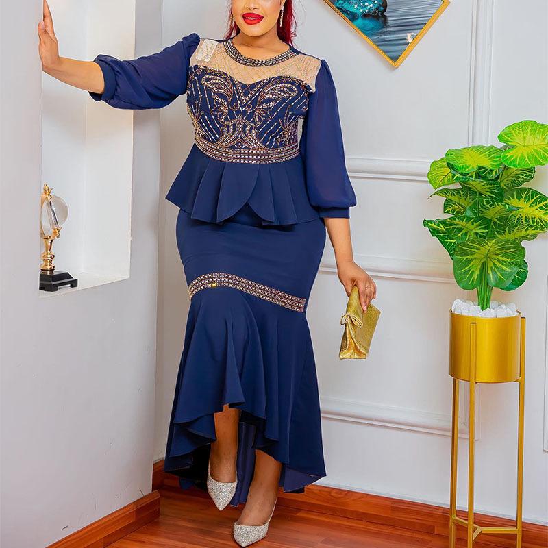 New 2023 African Two-Piece Set with Mesh Splicing and Hot Diamond Design