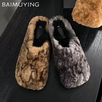 Pantoufles en fourrure léopard pour femmes, chaussures plates chaudes en coton, tendance hiver 2025, courtes, en peluche, confortables, pour la marche, la neige