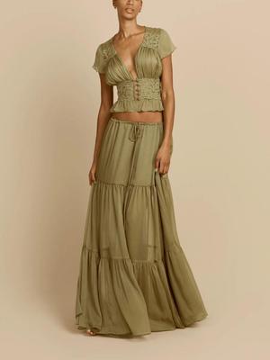 European & American Women's Sexy V-neck Waist-cinching Top + Drawstring Long Skirt Vacation Set