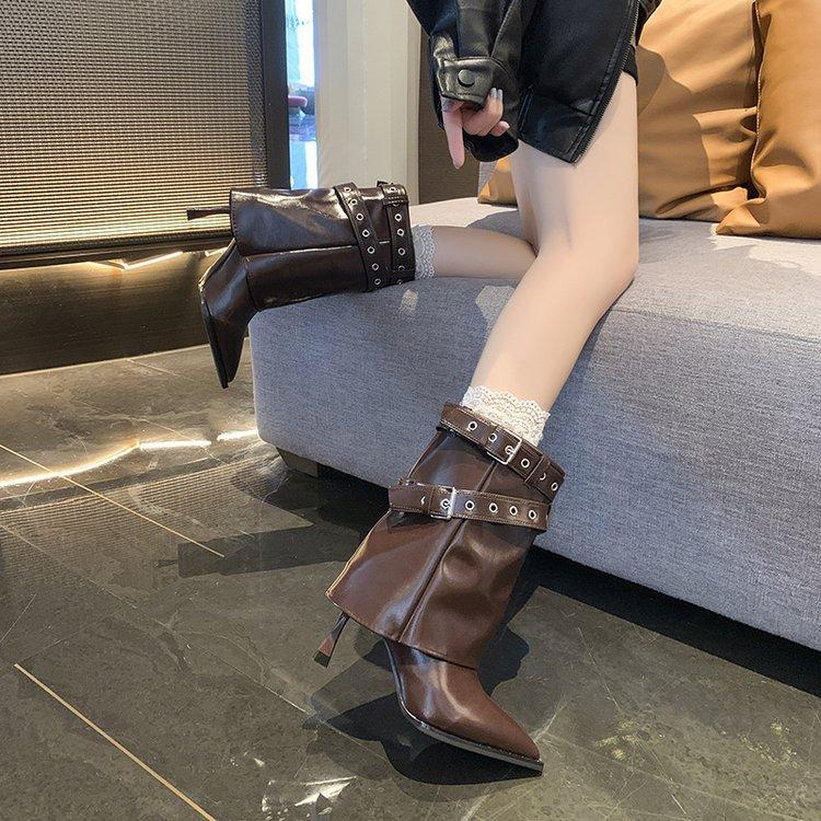 White British Style Pointed Head Thick High-heeled Short Boots Women's 2025 New Autumn with Skirt Height-increasing and Thin Trouser Tube Boots