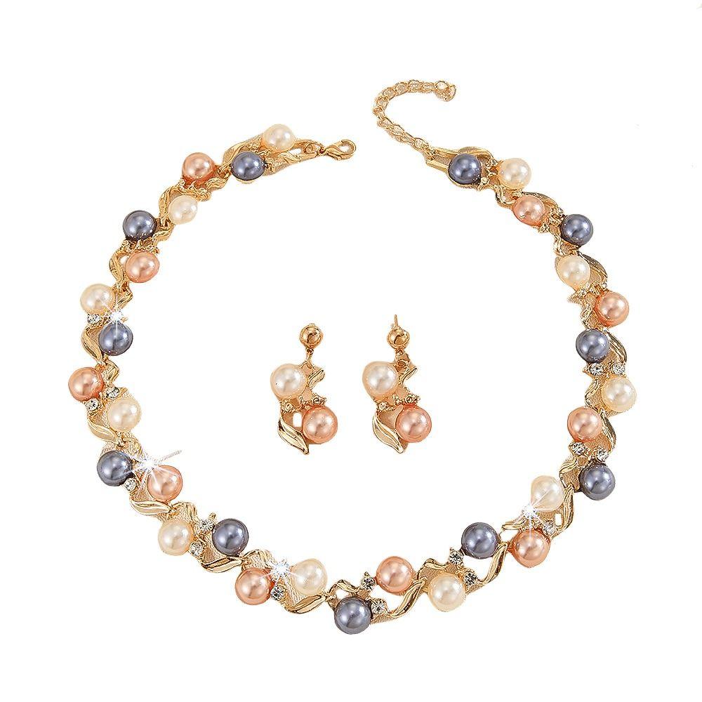 Leaf Colorful Pearl Necklace Rhinestone Necklace Earrings Set Luxury Pearl Necklace Women