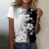 2025 New Summer Temperament Women's Floral Blue Printed Women's T-shirt Round Neck Short Sleeve Street Casual Daily Basic Tops