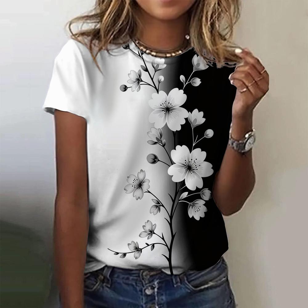 2025 New Summer Temperament Women's Floral Blue Printed Women's T-shirt Round Neck Short Sleeve Street Casual Daily Basic Tops