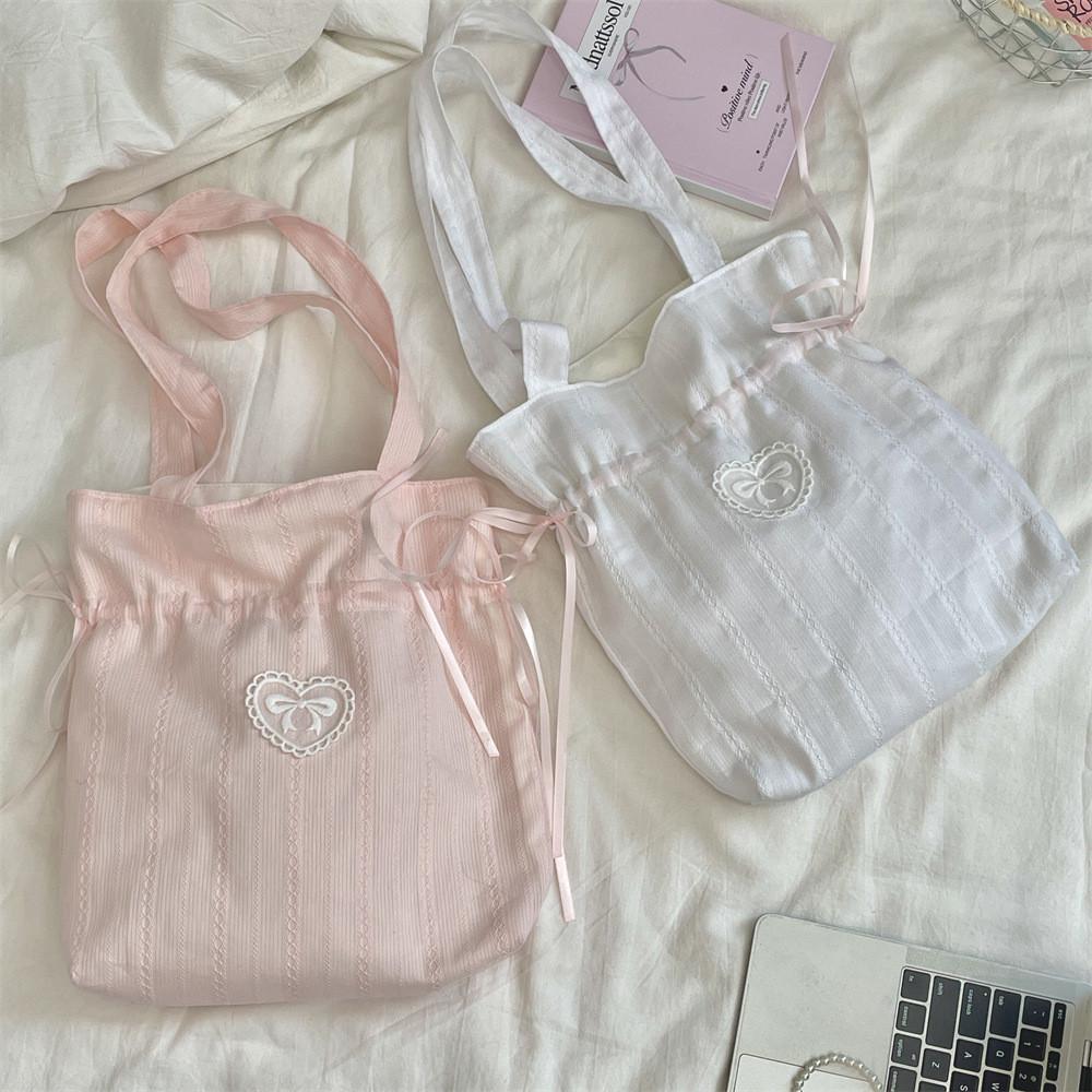 Girl Heart Bowknot Shoulder Bag With Drawstring Cotton Tote For Daily Use