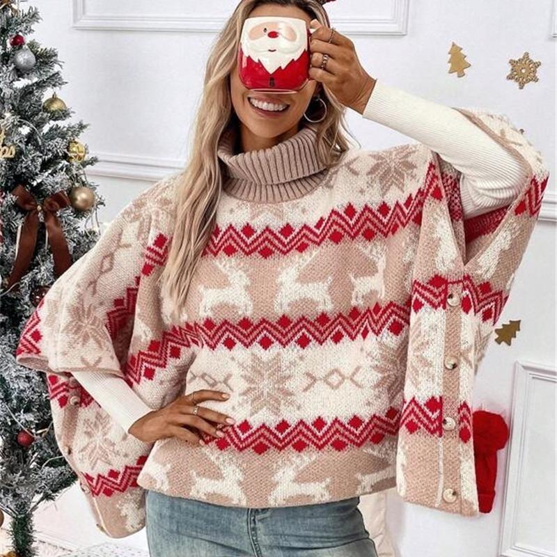 Women'S Christmas Oversized Sweater Novelty Autumn Winter Turtleneck Bat Sleeved Knit Pullover Festival Women Clothing