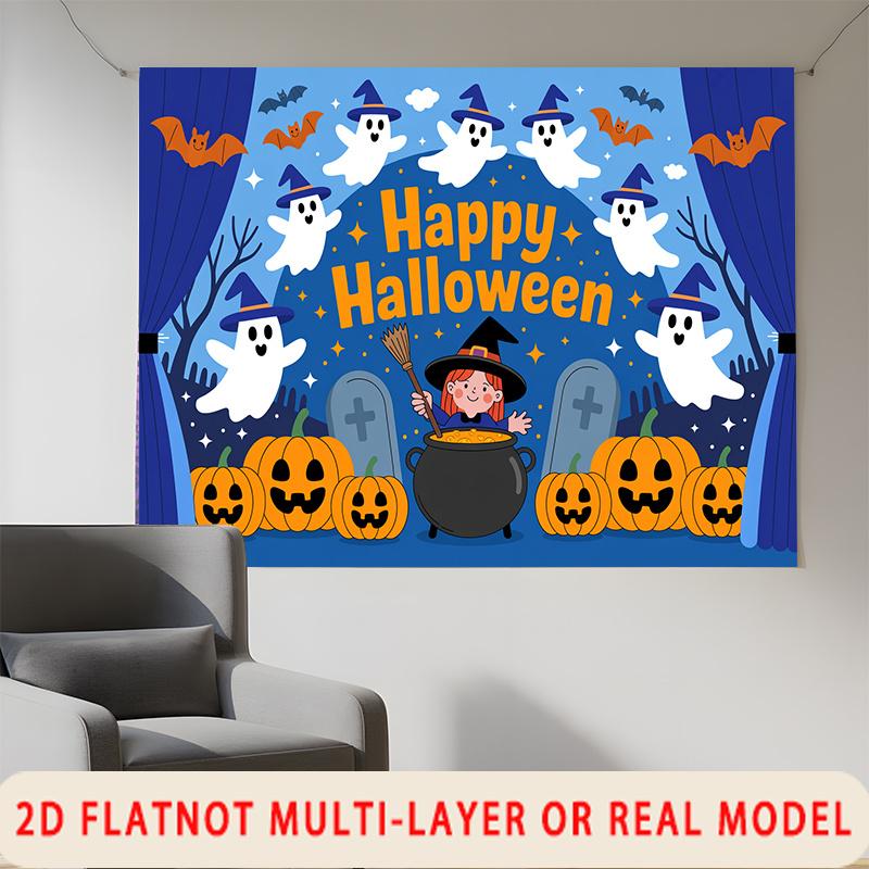 Party Backdrop Halloween Flat Spooky Ghosts Pumpkins Witch Bats Tombstones Multi Photo Booth Background Front Door Decor