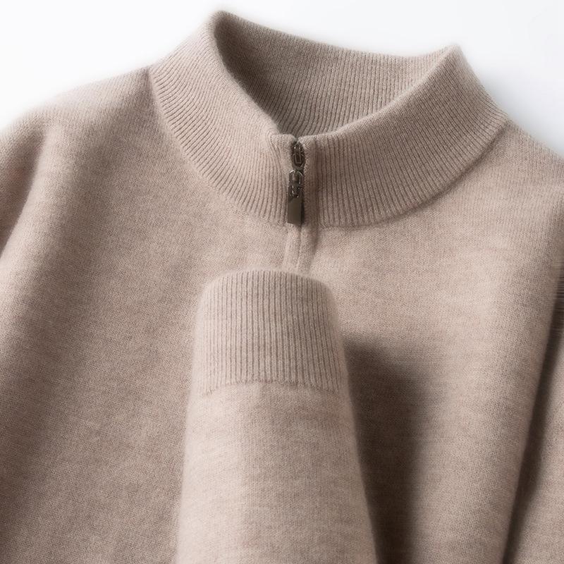 Winter 2025 Men's Warm Wool Sweater, Half-High Collar, Zipper, Solid Color, Thick Knit Base Layer