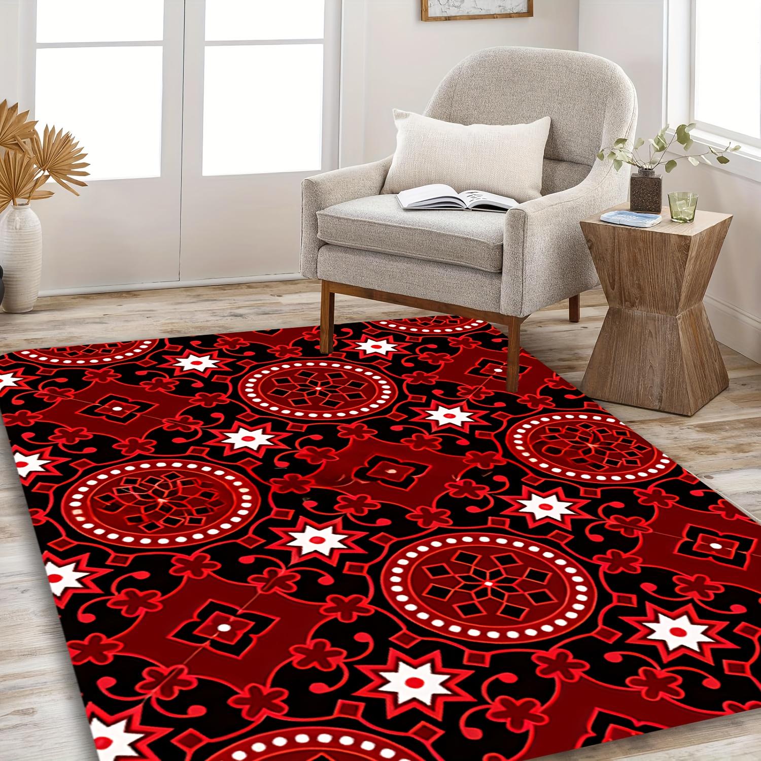 

Bohemian Mandala Print Flannel Area Rug Red Black Pattern Soft Comfortable Floor Mat For Living Room Bedroom Study 60x90cm