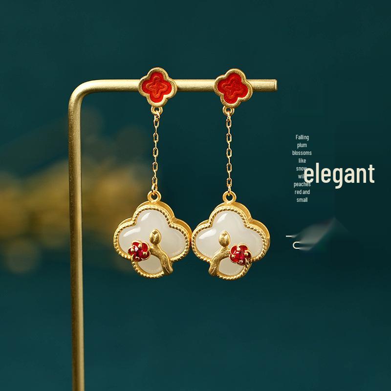 925 Sterling Silver Four-Leaf Clover Dangle Earrings with Enamel and Imitation Hetian Jade, Chinese Palace Style, Women s Qipao Accessories. Gold Plated