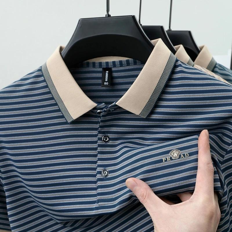 Ice Silk Men's New Polo Shirt Premium Luxury Cool Fabric Business Casual Golf Slim Fit Blouse Collar T-shirt Summer