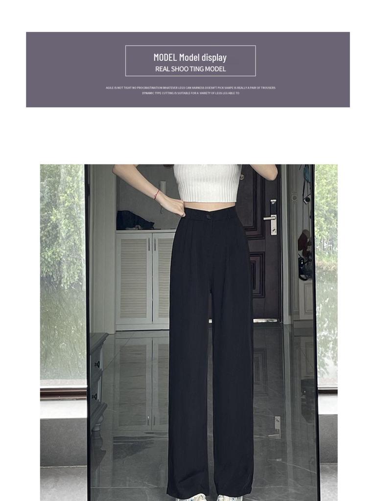 Women's High-Waist Black Drape Wide-Leg Pants - Summer 2025 Fashion, Loose Casual Petite Suit Trousers