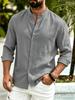 Men's White Cotton Linen Button Down Shirt Long Sleeve Mandarin Collar Casual Beach Vacation Top