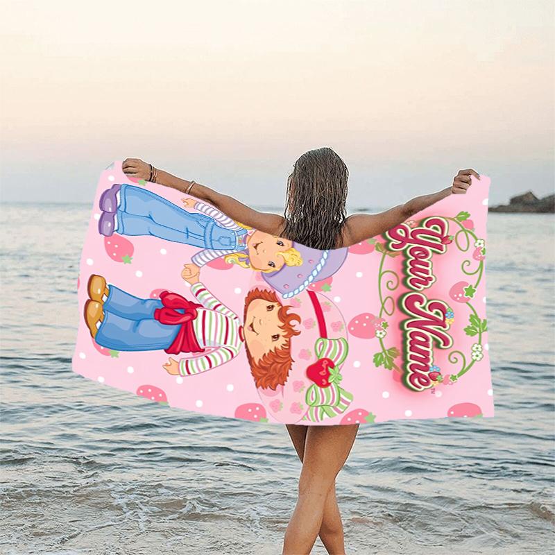 1pc Princess Strawberry Beach Towel with Custom Name, Beach and Seaside Swimming Pool Equipment, Fashion Pattern, Rectangular, Travel Essential