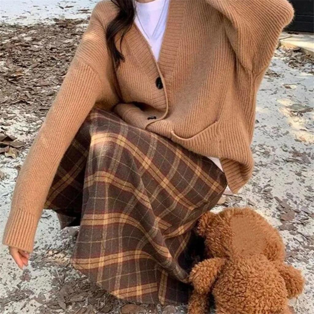 Leisure High Waist Retro Plaid Skirt Slim Fit Classical High Waist Long Skirt Winter Autumu Preppy Style A-line Half Dress Women