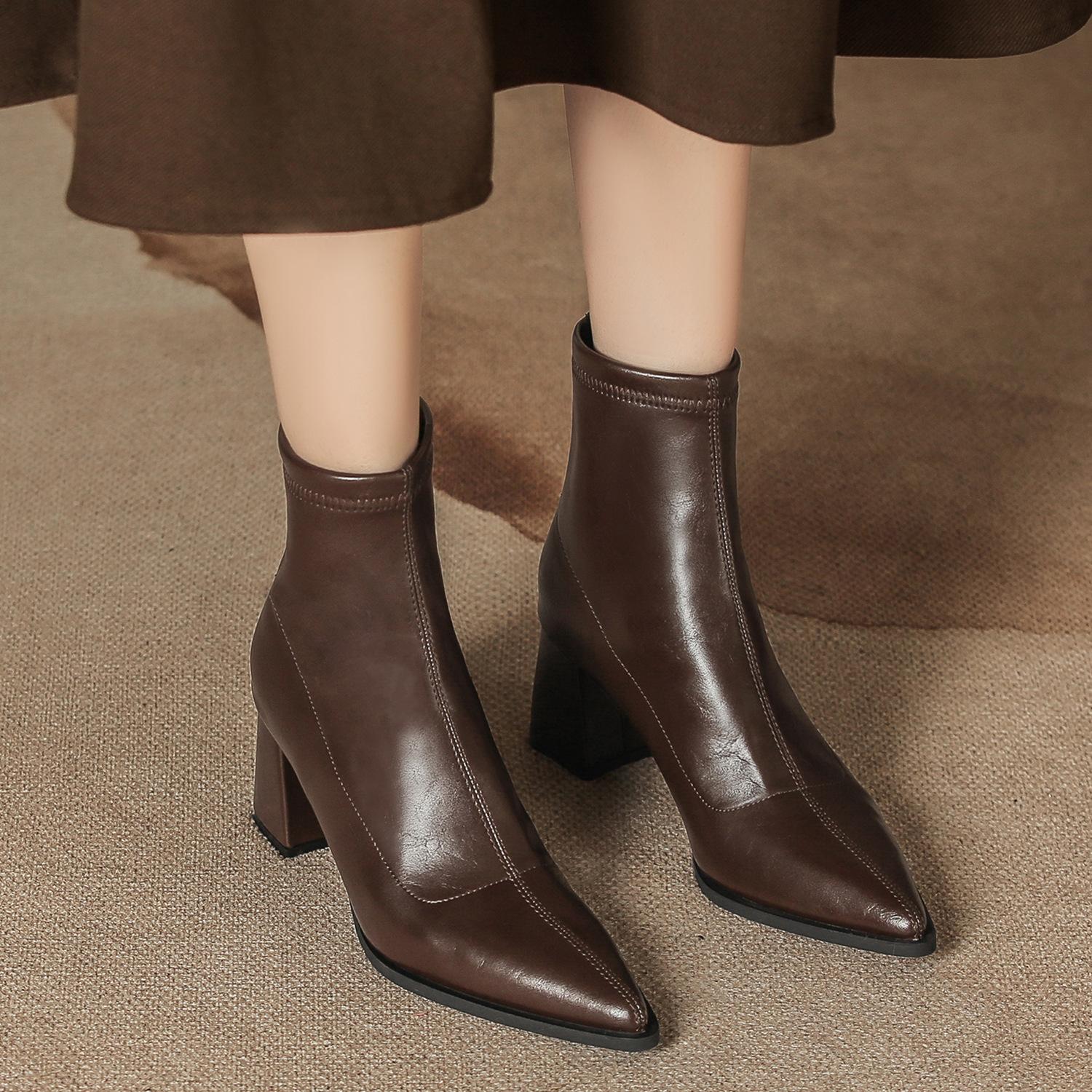 

Осень и зима толстый каблук одинарные сапоги средней длины тонкие сапоги женские тонкая задняя молния черные с острым носком низкие сапоги из кожи высокий каблук женские 39