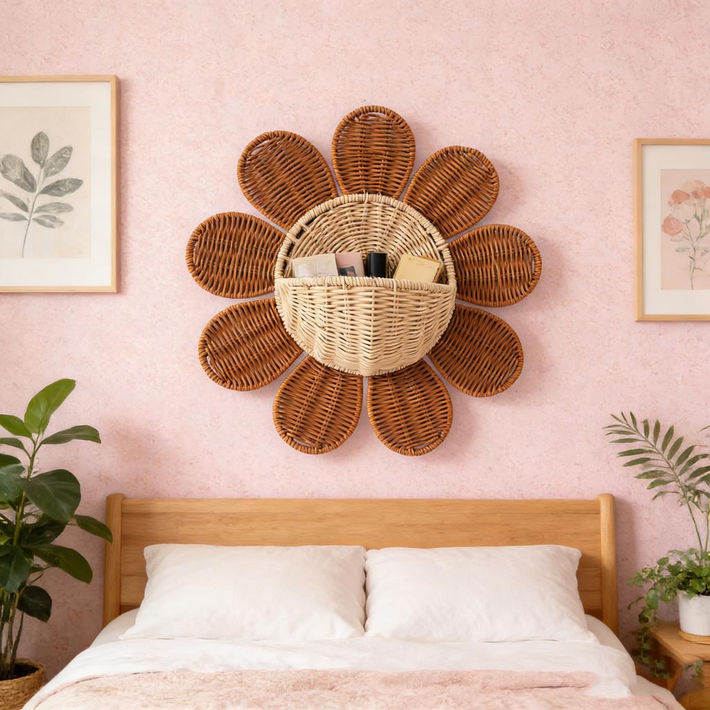 Wicker Basket, Key Storage Basket, Bathroom Sunflower Decorative Wall-mounted Basket